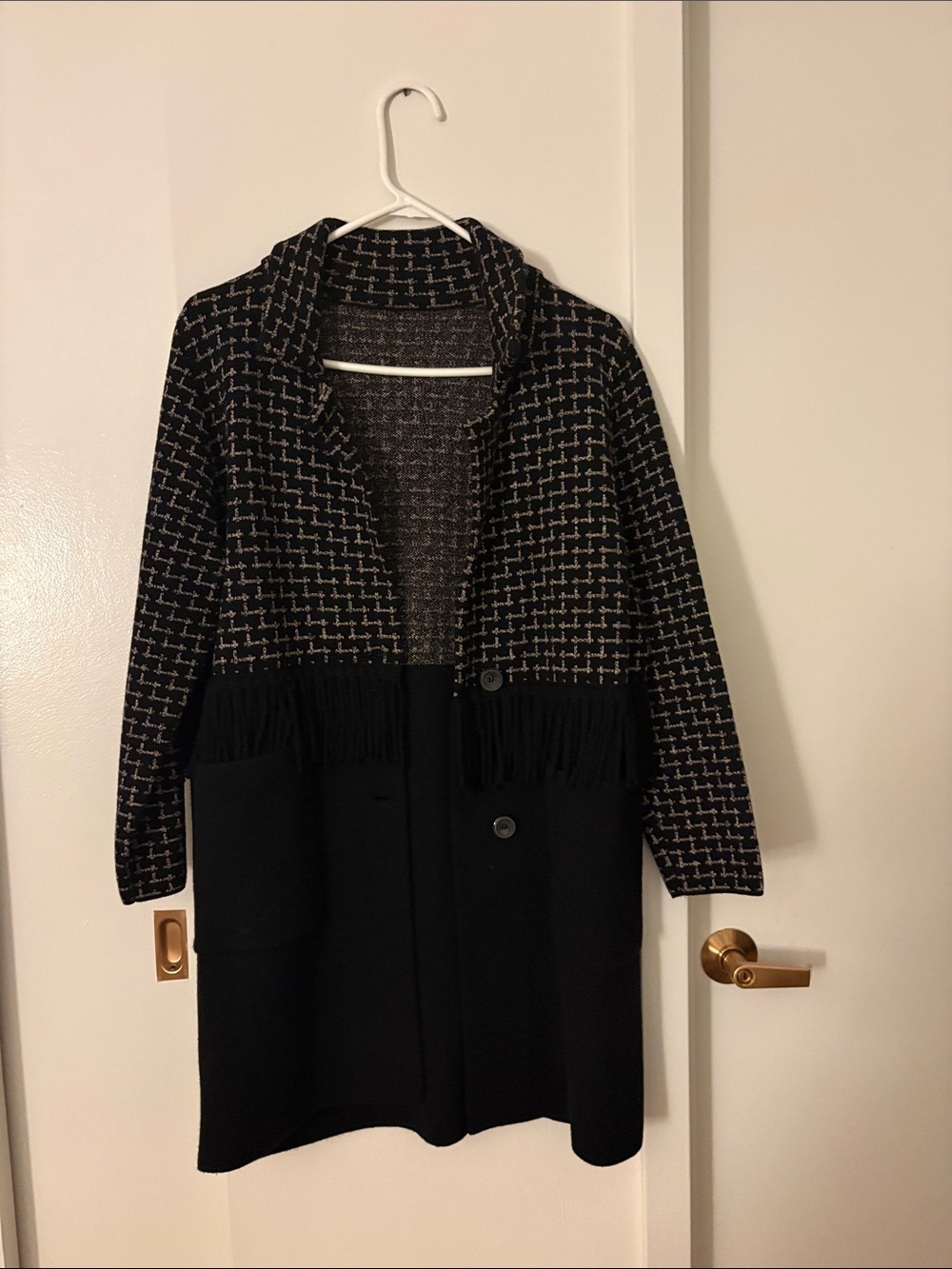 Black Knit Fringe Button-Up Cardigan Coat